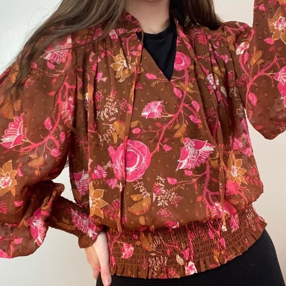 JOIE Pink And Brown Floral Polyester Smocked cuffs/Hem Blouse - Picture 1 of 8